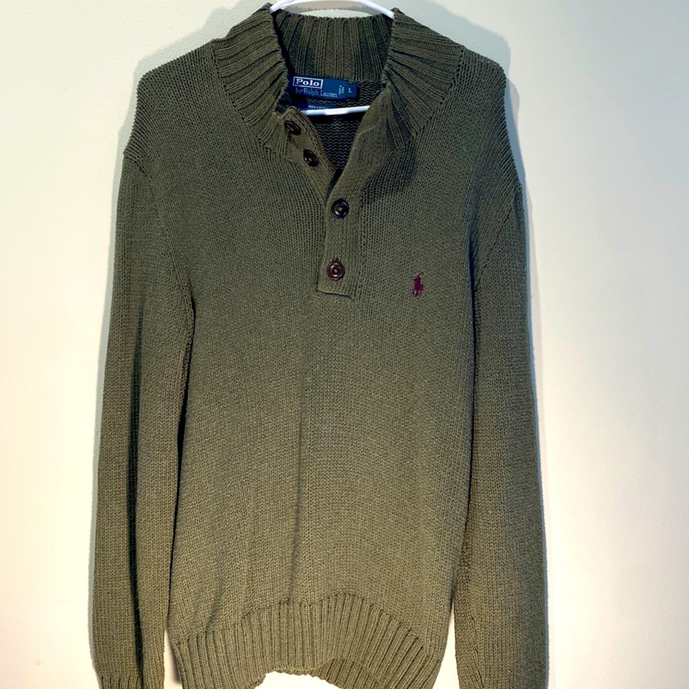 Olive Green Polo Pullover Sweater with buttons